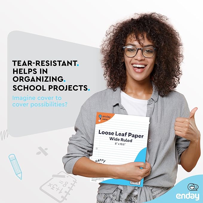 Loose Leaf Paper Bulk, 1800 Sheets, Wide Ruled, (12 Pack) 150 Sheets Per Pack, 8" x 10.5" White Filler Paper, 3 Hole Punched Binder Paper for 3 Ring Binders, Notebook Paper - By Enday