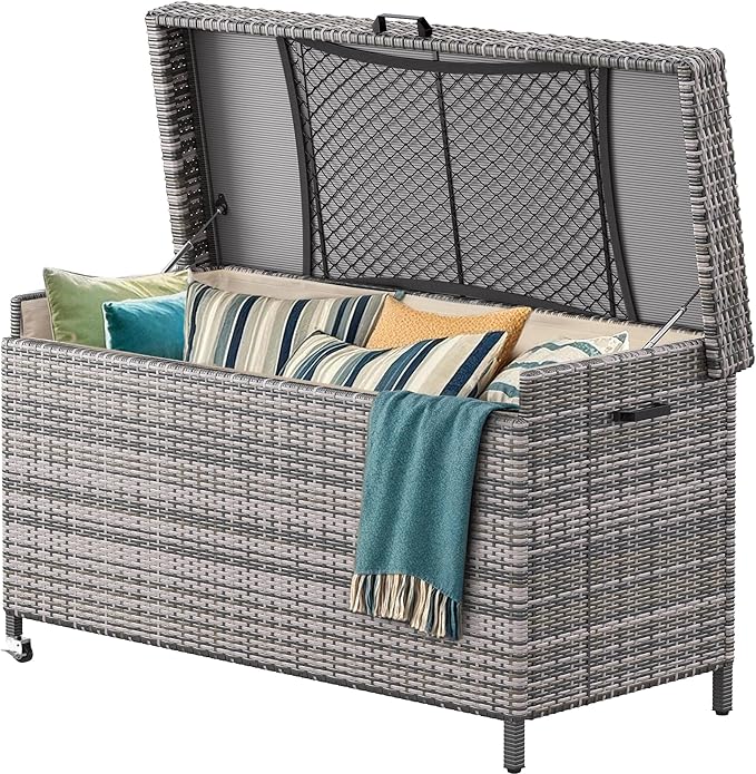 YITAHOME 200 Gallon Large Wicker Deck Box w/Storage Net, Rattan XL Outdoor Storage Box Patio Cushion Storage, Patio Storage Box for Garden Tools, Pool Sports Equipment (Grey)