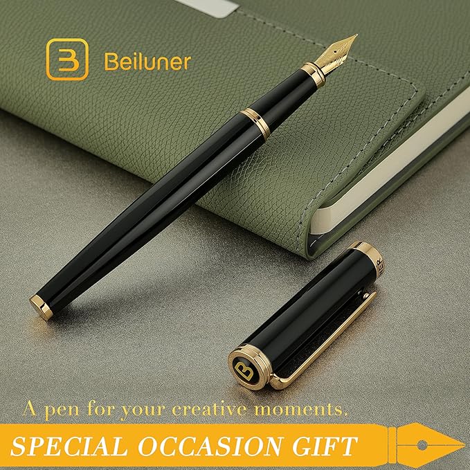 BEILUNER Black Fountain Pen,Stunning Luxury Piano Lacquer,24K Gilded Nib(Fine),Gorgeous 24K Gold Finish, Ink Converter,Trustworthy Gift for Men&Women-Elegant, Reliable,Executive,Nice Pens for Writing