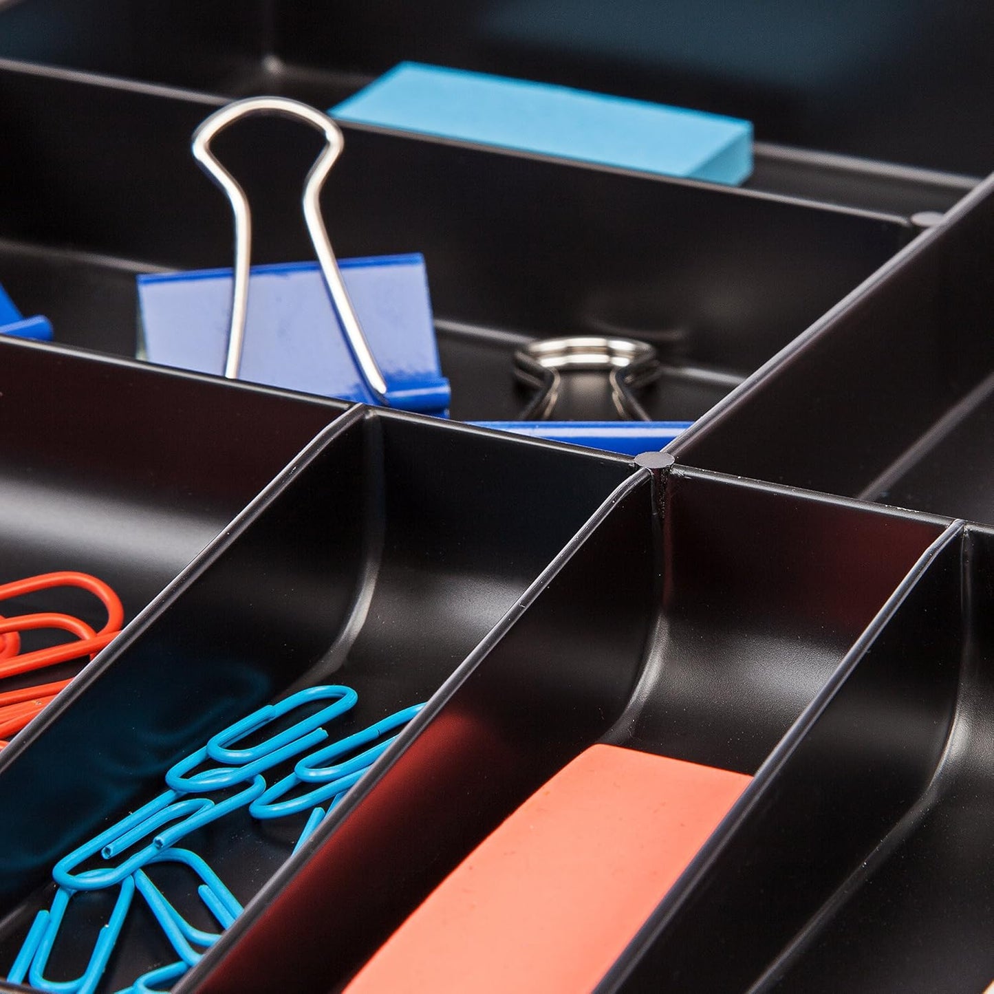 IRIS USA 14" x 10" Stacking Desktop Organizer Tray with Built-In Divider, 8 Pack, Plastic Storage Container for Stationery Art Craft Supplies Office Desk Drawer and Small Business Organization, Black