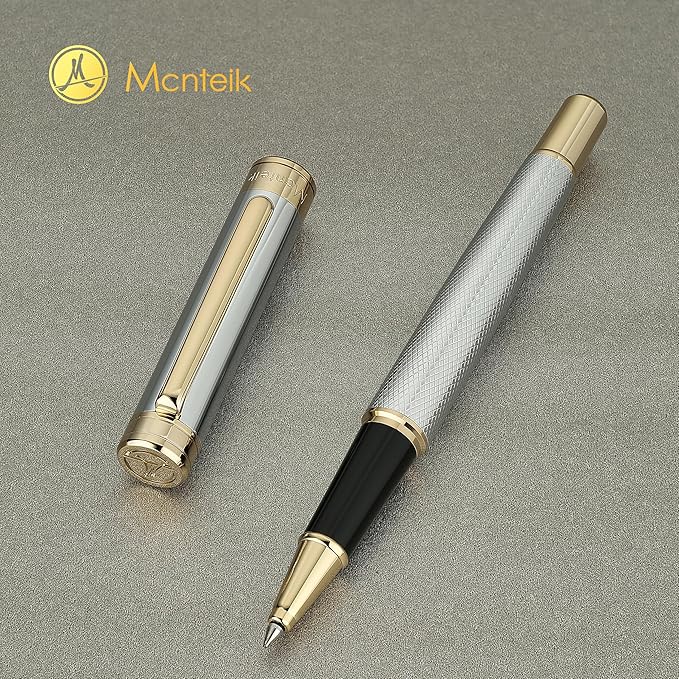 Silver Chrome Rollerball Pen, Stunning Luxury Pen with Mesh Texture Design、Silver Chrome Finish and 24K Gold Accents, Nice Gift Set for Men & Women, Business, Executive, Office, Fancy Pens