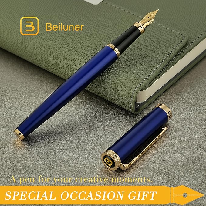 BEILUNER Blue Fountain Pen,Stunning Luxury Lacquer, 24K Gilded Nib(Fine),Gorgeous 24K Gold Accents, with Ink Converter,Fancy Gift for Men&Women-Smooth,Elegant,Graduation,Reliable,Nice Pens for Writing