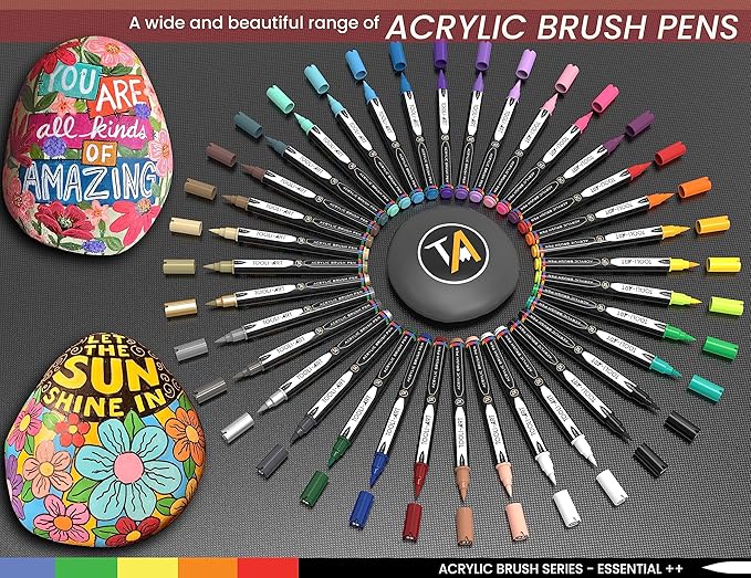 36 Flexible Brush Tip Acrylic Paint Pens Markers Set 1-7mm Line for Rock Painting, Brush Lettering, Scrapbooking, Glass, Mugs, Wood, Metal, Canvas, Fabric, Plastic. Non Toxic Waterbased Quick Drying