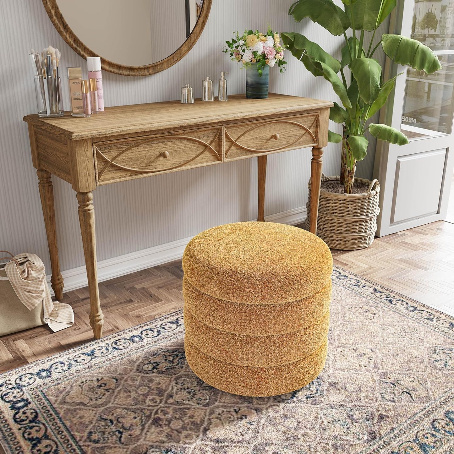 Storage Ottoman, Round Ottoman with Storage, Vanity Stool Foot Rest with Removable Lid, Round Boucle Upholstered for Living Room Pouf Footstool