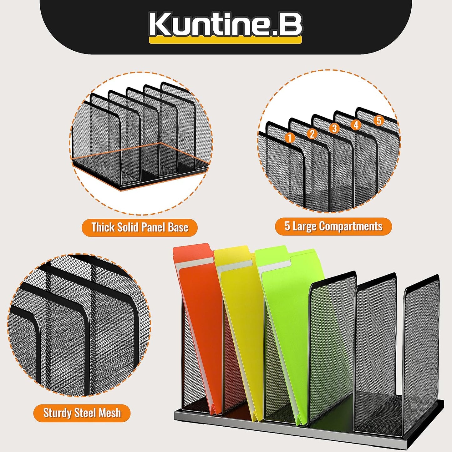 Kuntine.B Desk File Organizer 5 Sections Upright Mesh Desktop Organizer File Sorter Office Organization File Holder for Home, Office & Classroom